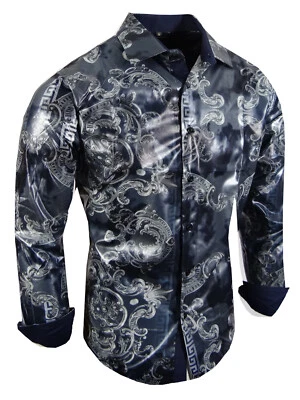 Mens Designer Shirt Luxury Gold Leaf Italian Floral Stripes Sheen Stretch Button - Image 1 of 4