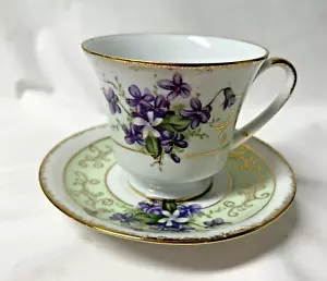 Vintage Inarco Japan Bone China Cup & Saucer Violets Green With Gold Rim #E-3966 - Picture 1 of 9