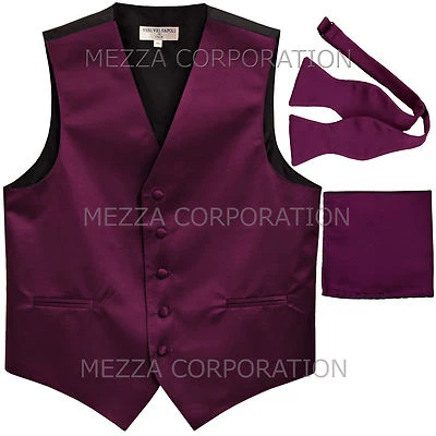 New Formal Men's Solid Tuxedo Vest Waistcoat & Self-tie Bowtie Set Dark Purple - Image 1 of 4