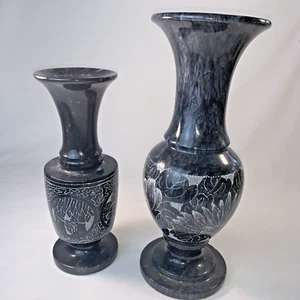 1960's Marble Floral Vases Etched Gray on Black Marble 10" and 8" Tall Vintage - Picture 1 of 24