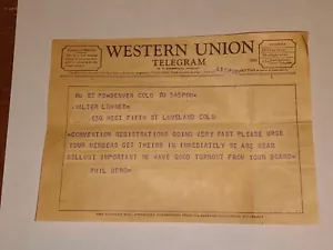 Western Union Telegram ricevuta Denver Loveland Colorado vintage con pieghe - Foto 1 di 3