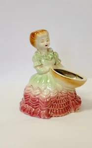 Vtg Lady with Bowl Planter Heart Lips Seniorita Ruffled Dress Green Rose 6" - Picture 1 of 12