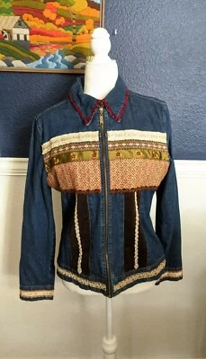 复古 Taylor G Dallas 女式牛仔夹克天鹅绒领 L 码破旧别致 — 第 1/4 张图片