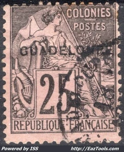 GUADELOUPE ALPHÉE DUBOIS 25c NOIR SUR ROSE N° 21c GUADELONPE AVEC OBLITERATION - Picture 1 of 2