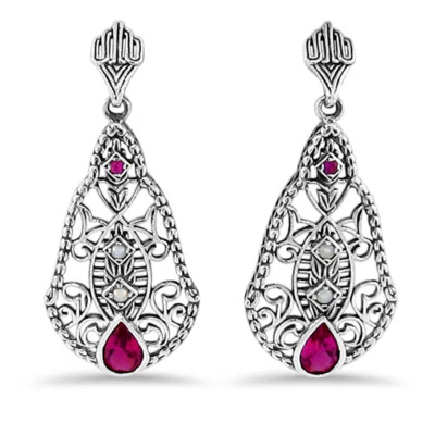 ANTIQUE STYLE 925 SILVER LAB-CREATED RUBY FILIGREE PEARL EARRINGS           213X - Image 1 of 2