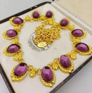 Vintage Purple Glass Cabochons Brushed Gold Collar Necklace - Picture 1 of 3