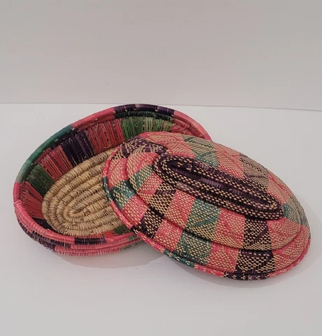 Vintage Ethiopian Woven Coiled basket with Lid Oval, Ethnic, Large 13", Colorful Cover