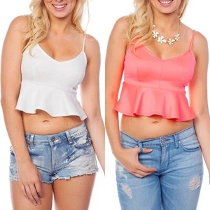 Women's Cute Fit and Flare Ruffle Spaghetti Strap Crop Top - Picture 1 of 13