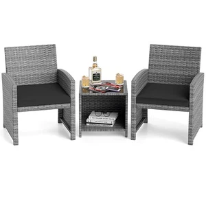3 PCS Patio Furniture Set w/Tempered Glass Coffee Table & Soft Seat Cushions - Picture 1 of 10