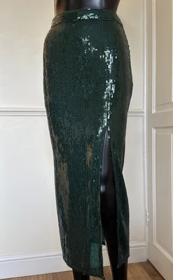 H&M Green Sequin Midi Skirt High Slit Size 8-10 - Image 1 of 4