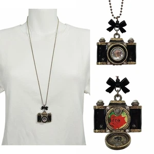 Vintage Betsey Johnson Necklace Royal Engagement Camera Pendant  Bead Chain - Picture 1 of 9