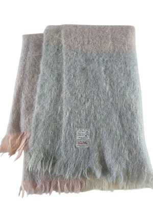 Avoca Mills Mohair Wool Blend Throw Made in Ireland Plaid Fringe Blue Pink 54x64 - Image 1 of 4
