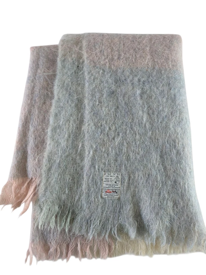 Avoca Mills Mohair Wool Blend Throw Made in Ireland Plaid Fringe Blue Pink 54x64 - Image 1 of 4