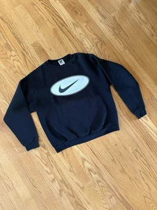 Vintage Nike Sweatshirt Junior XL Black 90s Made In USA Center Oval Logo Swoosh - Picture 1 of 7