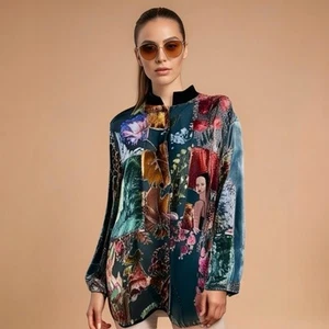 Draper's & Damon's Burnout Samt Bluse schwarz bunt Patchwork L Seide Viskose - Bild 1 von 7