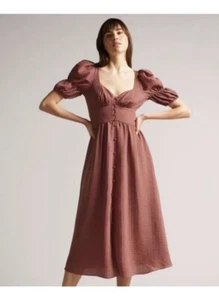 NWT Ted Baker Angeia Mauve Rose Ted Sz 1 US 4 Puff Sleeve Textured Midi Dress - Picture 1 of 7
