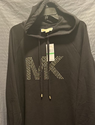 Abito t shirt donna Michael Kors nero con cappuccio e borchie logo MK nuovo con etichette taglia L $110