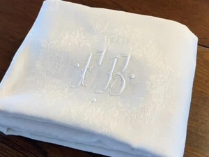 Antique French Floral Damask Linen tablecloth Monogram FB 86" x 60" - Picture 1 of 12