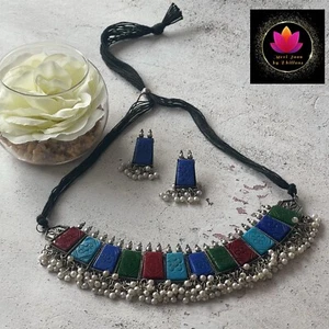 New Indian Pakistani Oxidised Multi Color Oxidised Choker Necklace Earrings Set - Picture 1 of 8