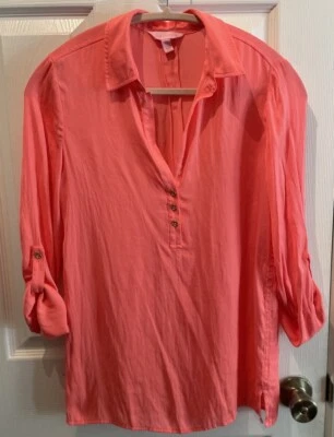 Lilly Pulitzer XS Blouse Top Women’s Peach Henley Preppy Roll Tab Sleeve Shirt - Image 1 of 4