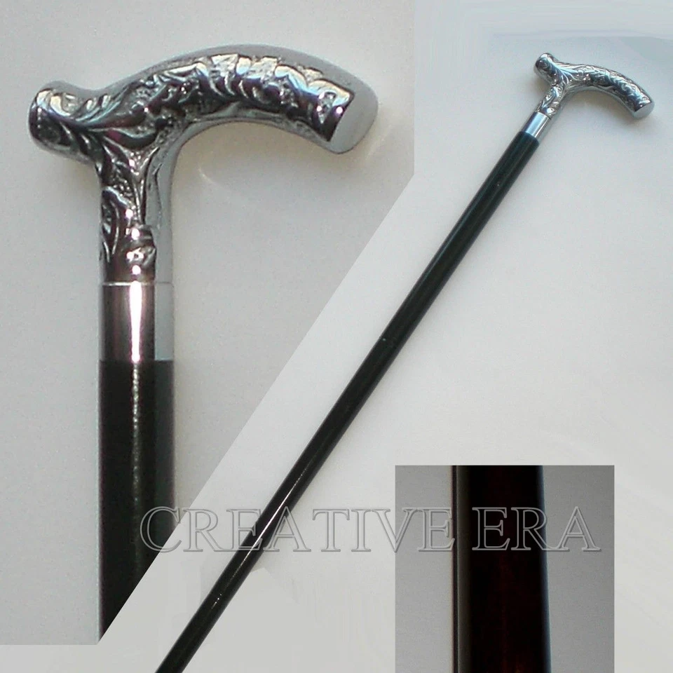 Brass Victorian Silver Antique Designer Handle Black Wooden Walking Cane Vintage - Image 1 of 4