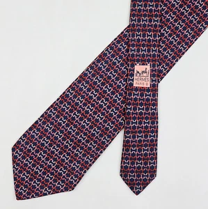 Hermes Tie Silk Necktie 7986 EA Pink Red Figure H on Dark Blue - Picture 1 of 6