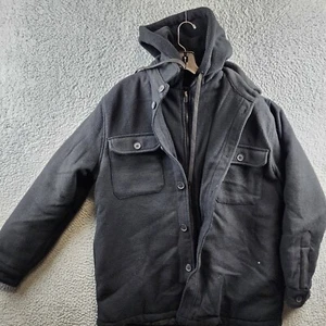 HEDGE Wool Blend Hooded Jacket Men's S Black Drawstring Front Button Long Sleeve - Picture 1 of 13