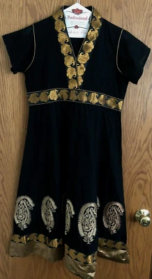 Vanita Boutique Black and Gold Dress Short Sleeves V-Neck Embroidered Size Med. - Image 1 of 4