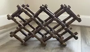 Vintage Thick Burnt Bamboo Folding 10 Bottle Wine Rack Holder - Picture 1 of 10