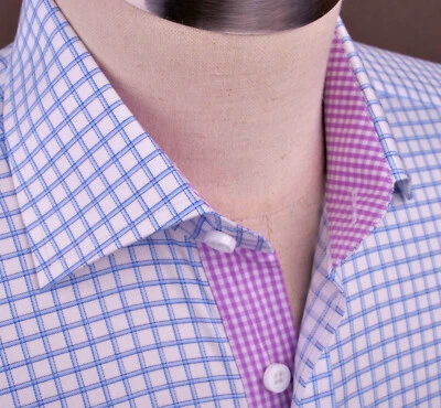 Camisa de vestir formal de negocios azul a cuadros suave rosa algodón de lujo Foto 1 de 4