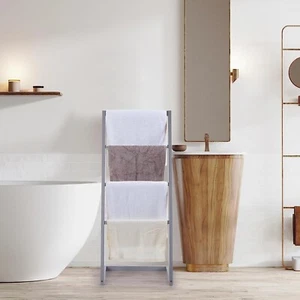 Bamboo Freestanding Towel Rack Drying Stand & Holder with 4 Clothes Rails Grey - Picture 1 of 7