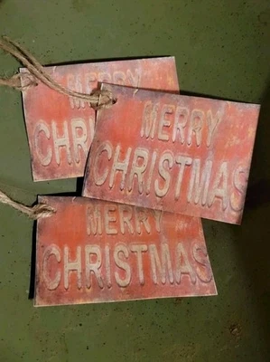 6 Primitive Merry Christmas  Holiday Gift Hangtags Handcut, Handpunched & Sealed - Image 1 of 3