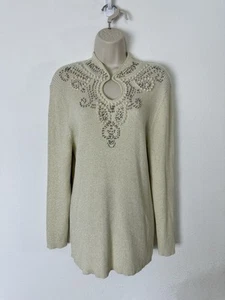 NWT Lauren Michelle Embellished Sweater Large Gold Metallic Rhinestone Pearls - Picture 1 of 9