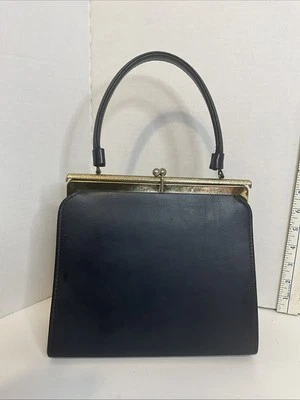 Bolsa de mão de couro vintage azul marinho fecho beijo metal dourado - Imagem 1 de 4