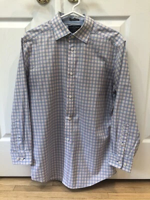 Black Brown 1826 Men's 16” 32 80s 2-ply Fitted Non-Iron Dress Shirt Blue Orange - Image 1 of 3