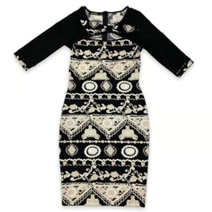 ROBERTO CAVALLI Sz 4 Bodycon Dress Black Gold Cream Printed Cut Out Detail Bow - Picture 1 of 10