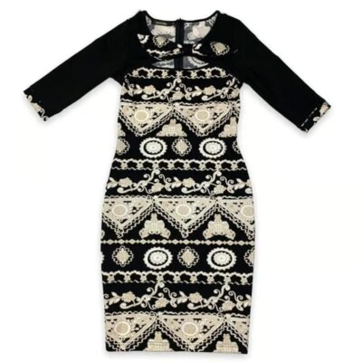 ROBERTO CAVALLI Sz 4 Bodycon Dress Black Gold Cream Printed Cut Out Detail Bow - Image 1 of 4
