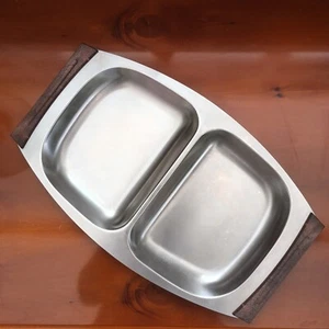 Serving Tray. Denmark Stainless Steel. 2 Section. Wood Effect Handles - Picture 1 of 11