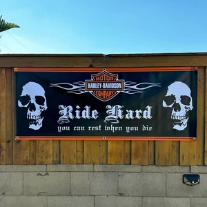 Harley Davidson  RIDE HARD SKULL Wall Hanging Banner Store Sign Poster - Picture 1 of 3