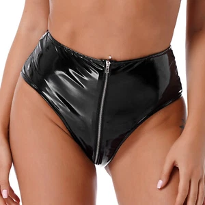 Womens Patent Leather Underwear Open Butt Briefs High Waist Zipper Lingerie - Picture 1 of 44