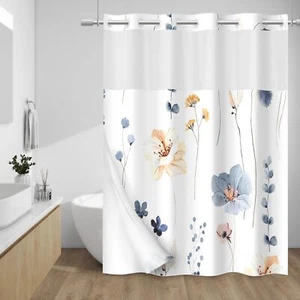 No Hook Shower Curtain with Snap in Liner,Fabric Waterproof Inner Liner, Blue - Picture 1 of 6