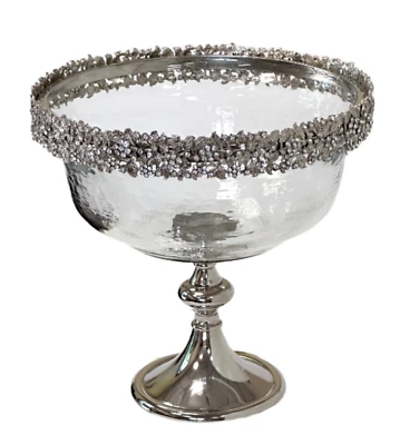 Tall Pedestal Fruit Salad Bowl Clear Glass Silver Base & Silver Crystal Rim - Image 1 of 4