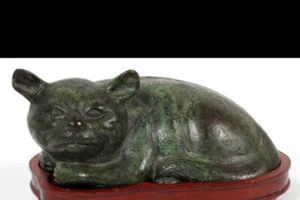Asian Green Patina Bronze Cat Sculpture Vintage - Picture 1 of 3