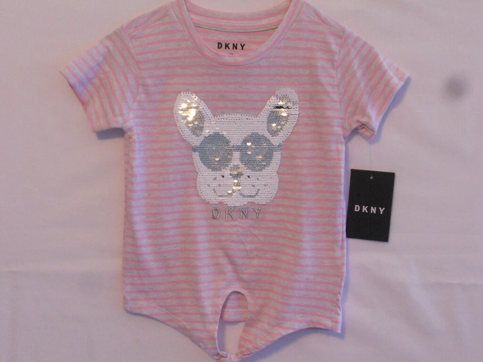 NWT Girls DKNY 4T French Bull Dog Tie-Front T-Shirt Gray/Pink Sequins Tagged $46 - Image 1 of 2