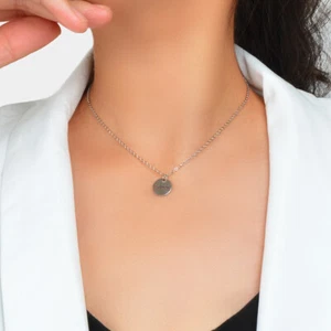 Minimalist Sliver Chain Stainless Steel Love Letter Round Disc Pendant Necklace - Picture 1 of 3