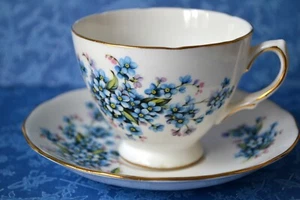 JUEGO DE TAZA DE TÉ PLATILLO TAZA DE TÉ Forget Me Not Flowers, porcelana de hueso Royal Vale Inglaterra - Imagen 1 de 9