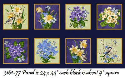 Tela de edredón de algodón panel negro Natures Affair Henry Glass 3161P-77 flores de primavera Foto 1 de 4