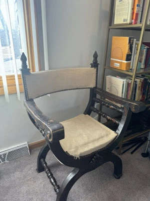 Vintage Spanish Revival Savonarola / Curule Chair Cream Fabric Nail Head Details - Image 1 of 4