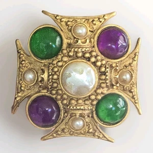 Vintage signierte geprägte große Gripoix Mogul Perle Cabochon Malteserkreuz Brosche - Bild 1 von 7