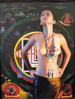 Pintura al óleo original Chen Fu De 42x54 arte surrealista figurativo moderno sin marco Foto 1 de 4